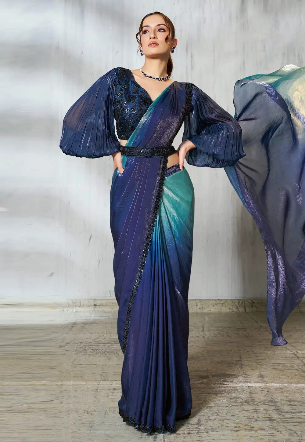 Blue Satin Silk Saree With Blouse 315390