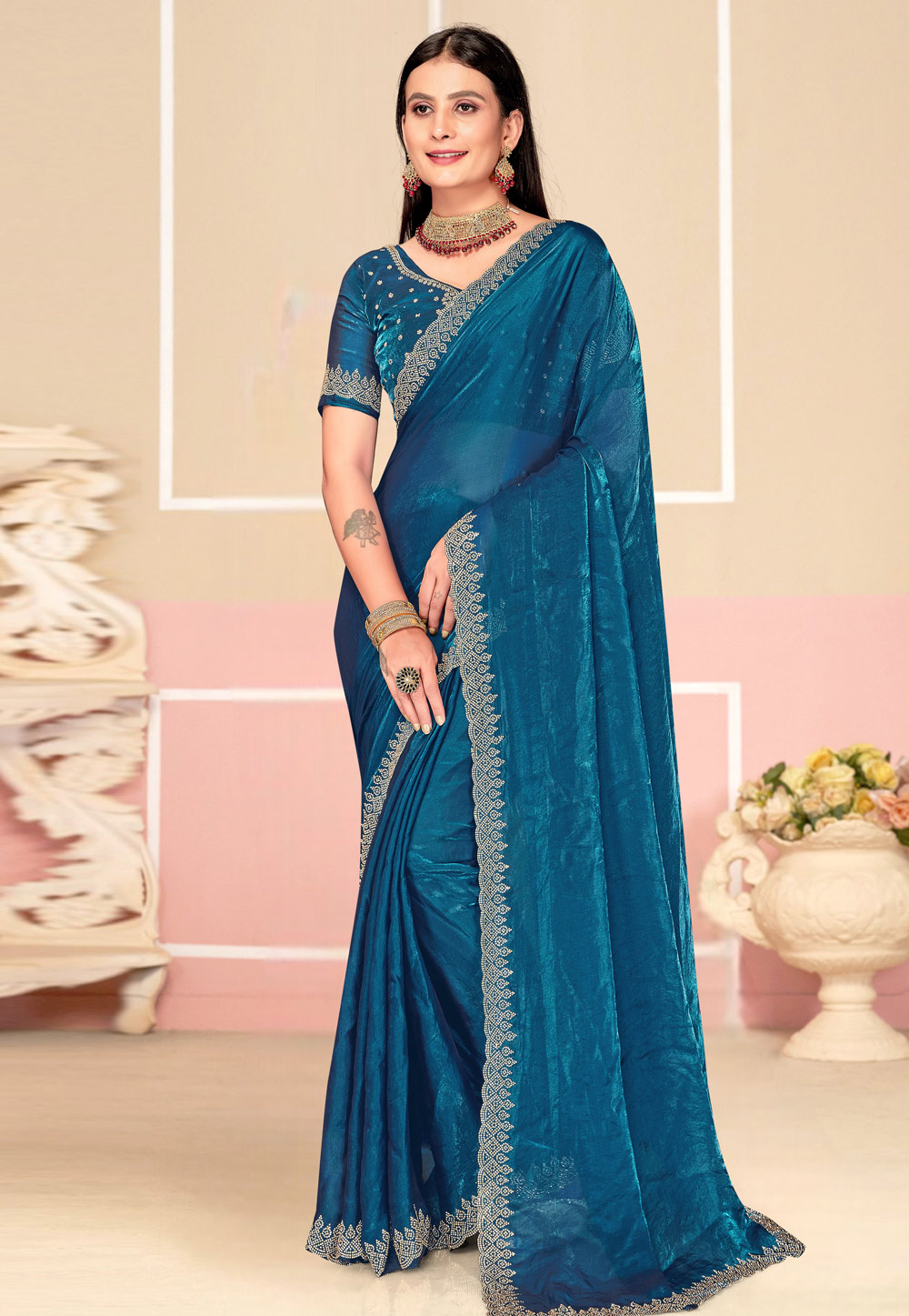 Blue Satin Silk Saree With Blouse 310841