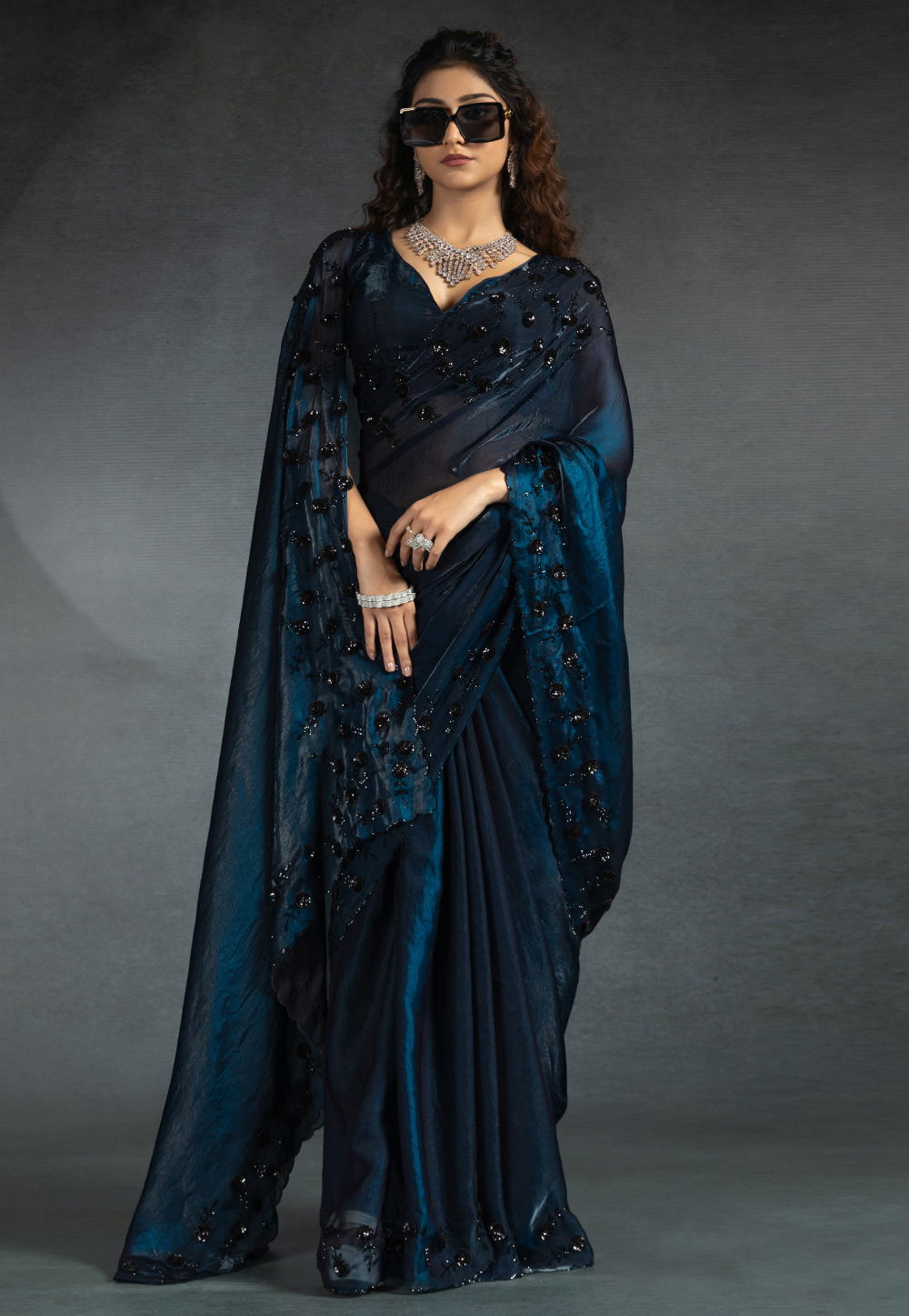 Blue Satin Silk Saree With Blouse 307988
