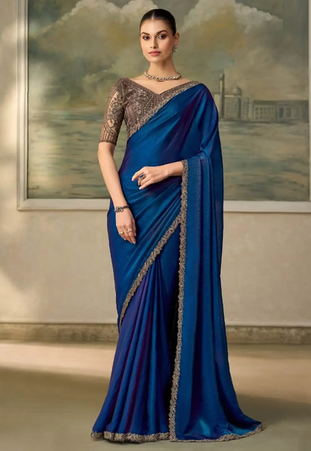 Blue Satin Silk Saree With Blouse 333659