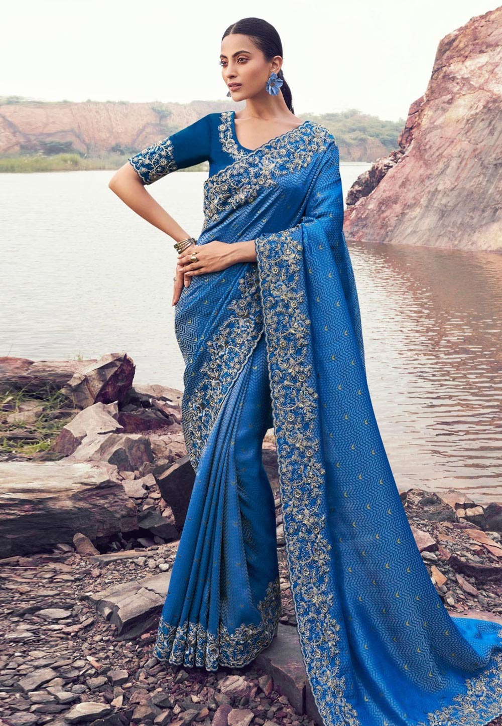 Blue Satin Silk Saree With Blouse 319717