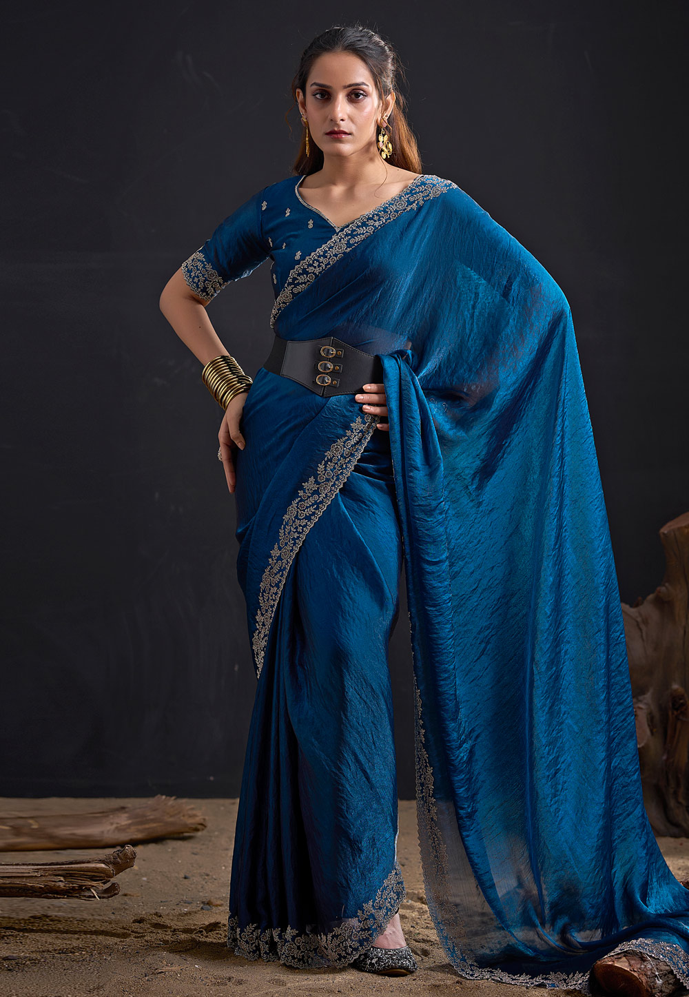 Blue Satin Silk Saree With Blouse 327587