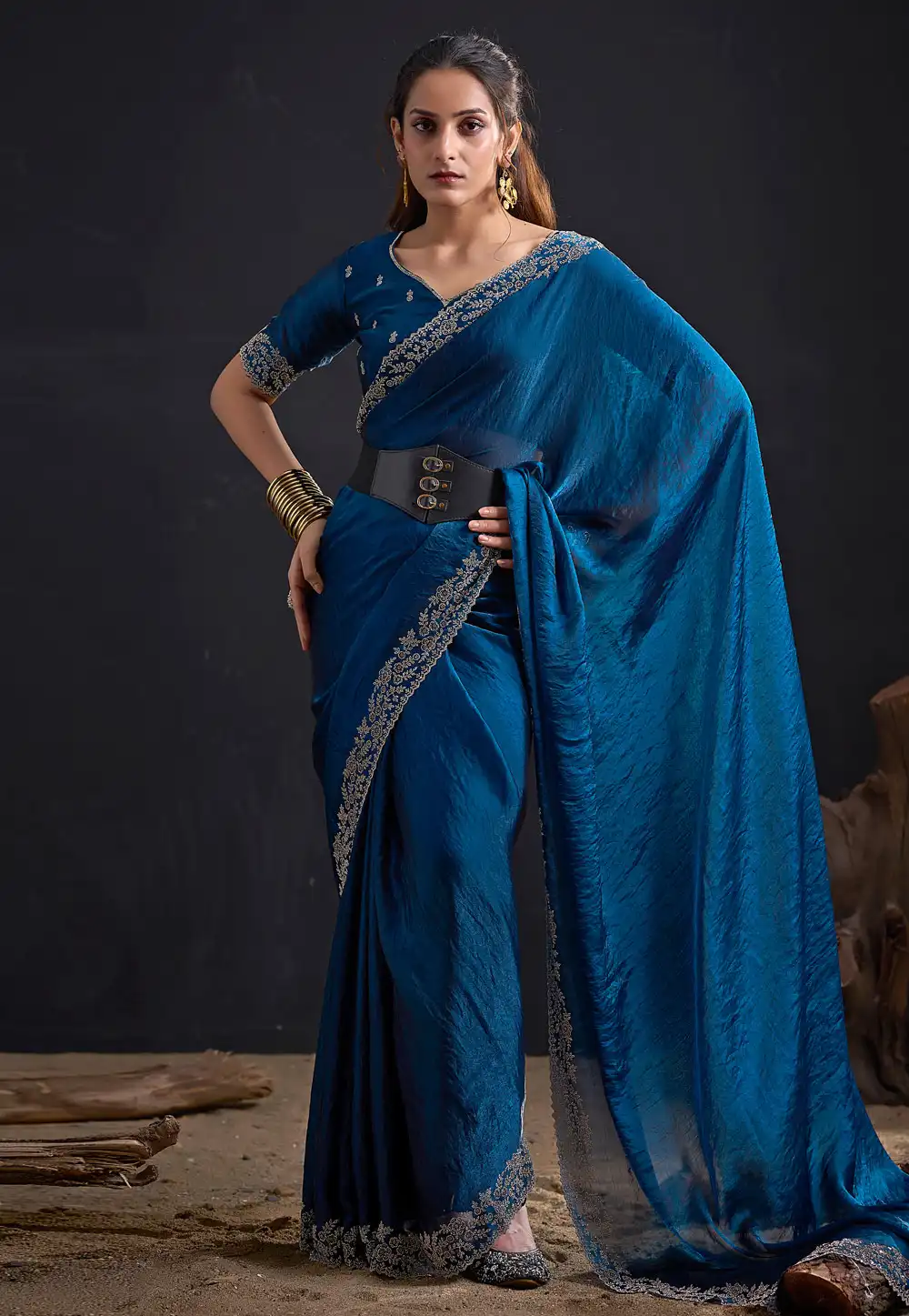 Blue Satin Silk Saree With Blouse 327587