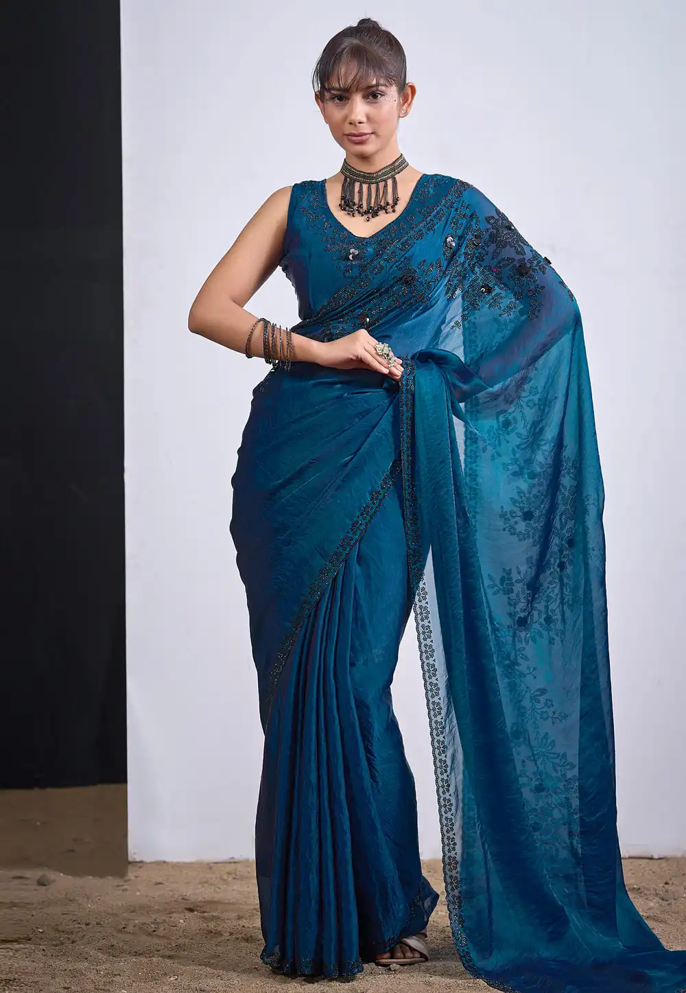Blue Satin Silk Saree With Blouse 327572