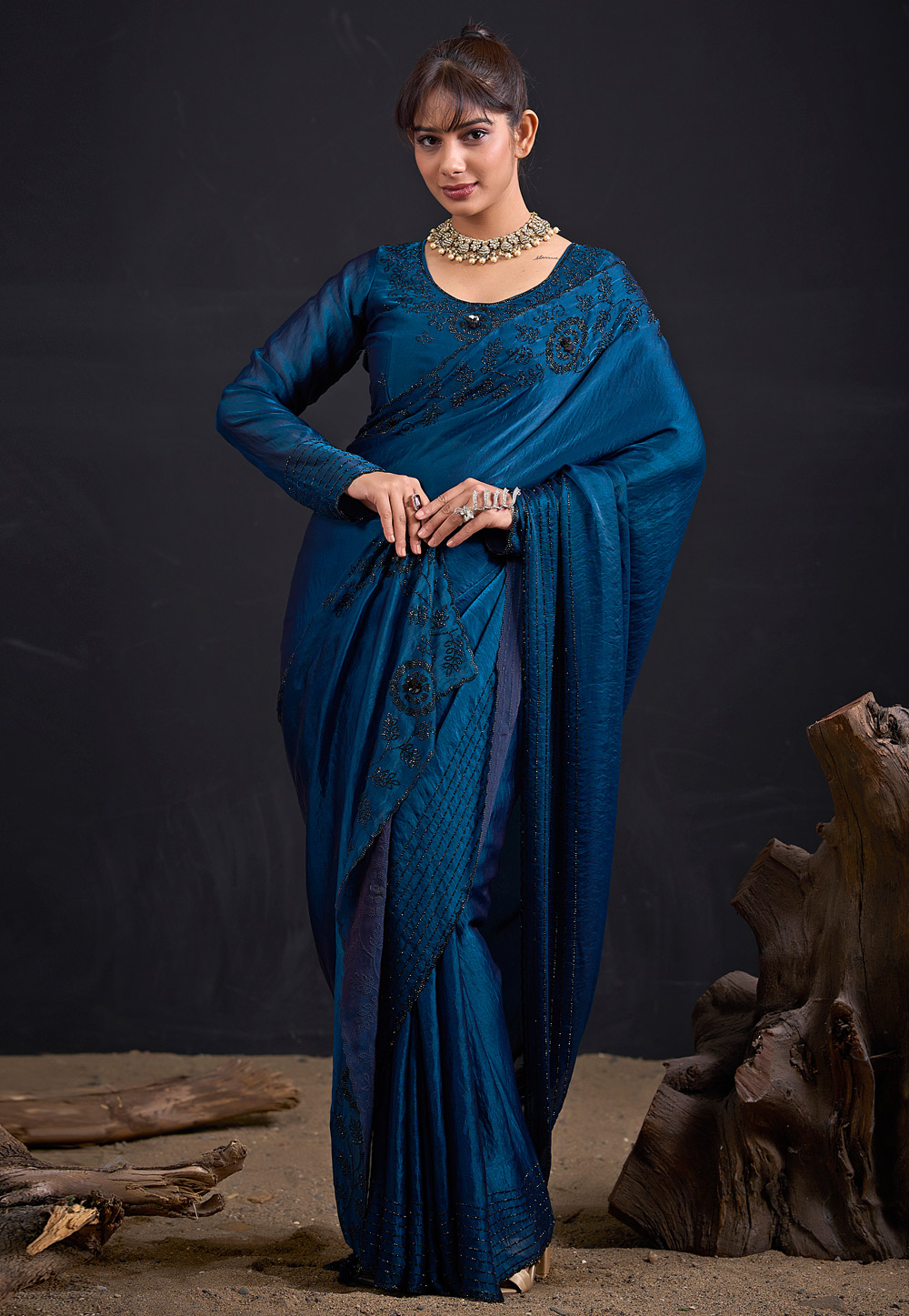 Blue Satin Silk Saree With Blouse 327614