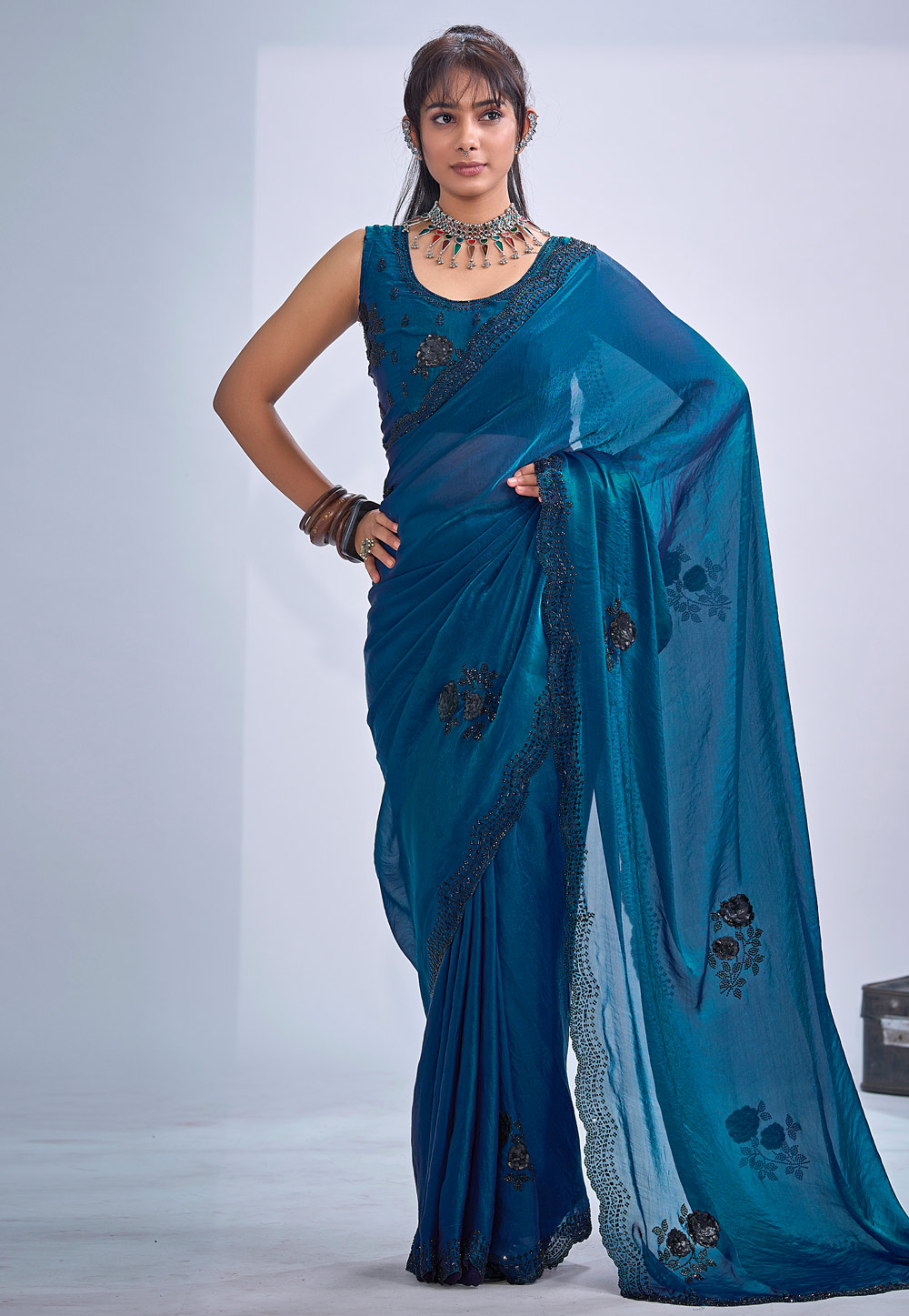 Blue Satin Silk Saree With Blouse 327594