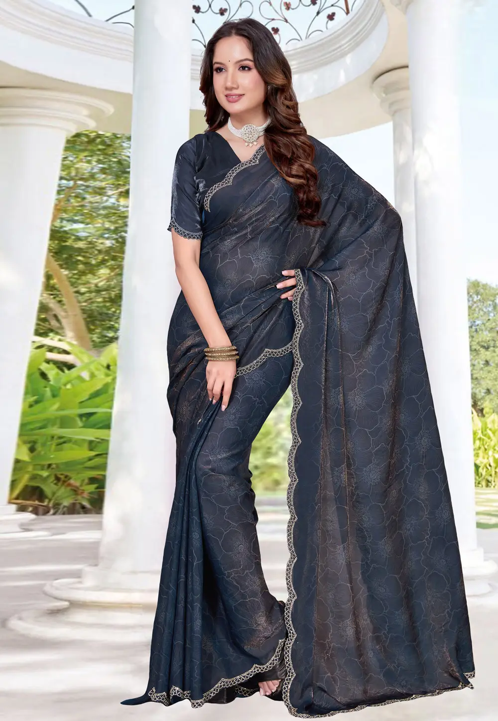 Blue Satin Silk Saree With Blouse 334787