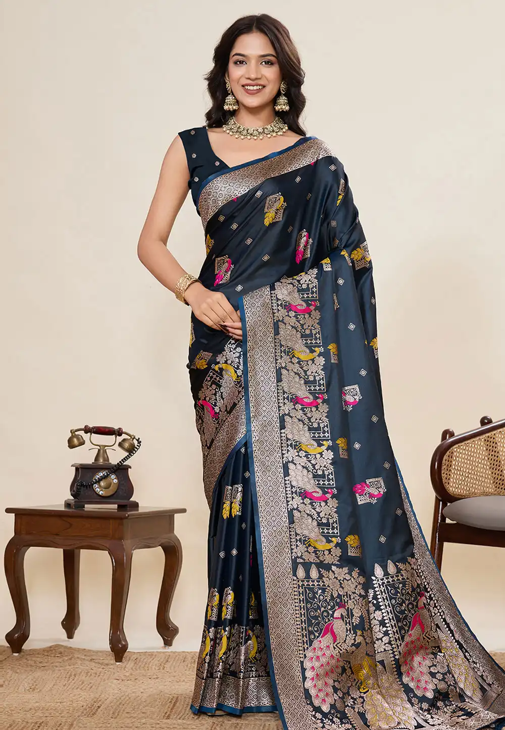 Blue Satin Silk Saree With Blouse 317243