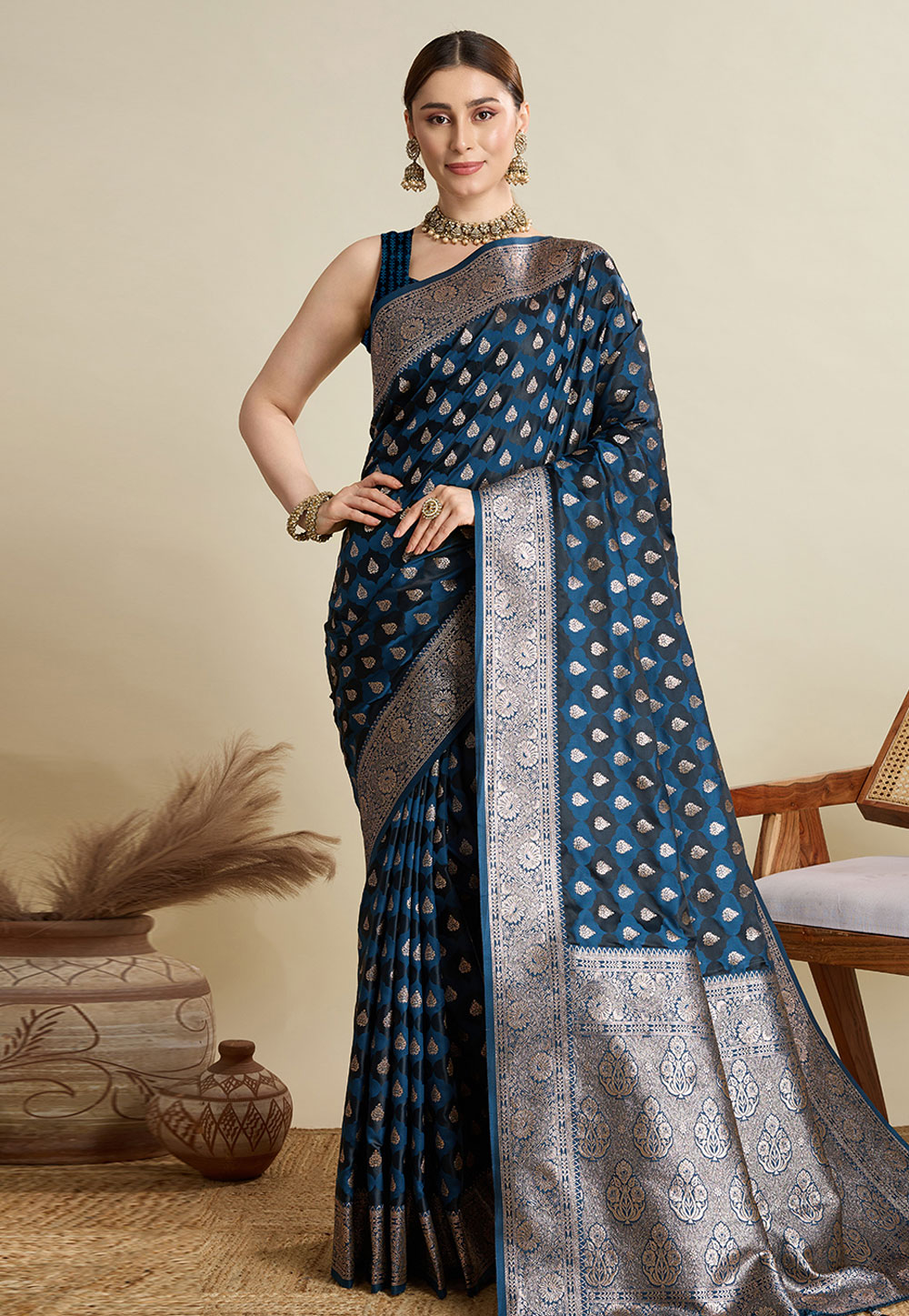 Blue Satin Silk Saree With Blouse 311599