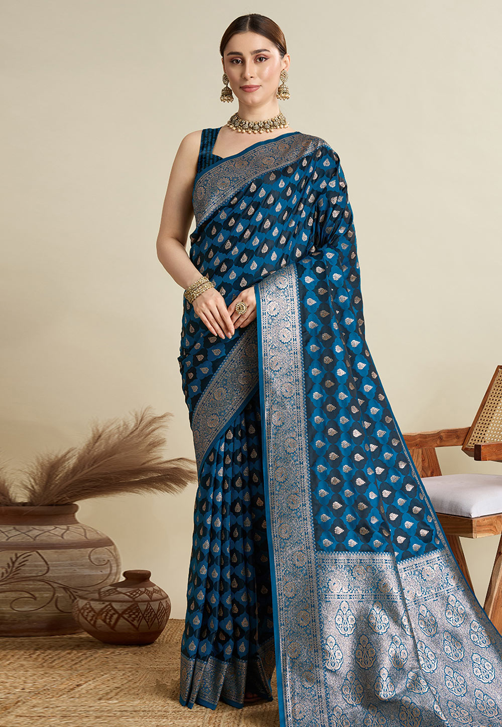 Blue Satin Silk Saree With Blouse 311601
