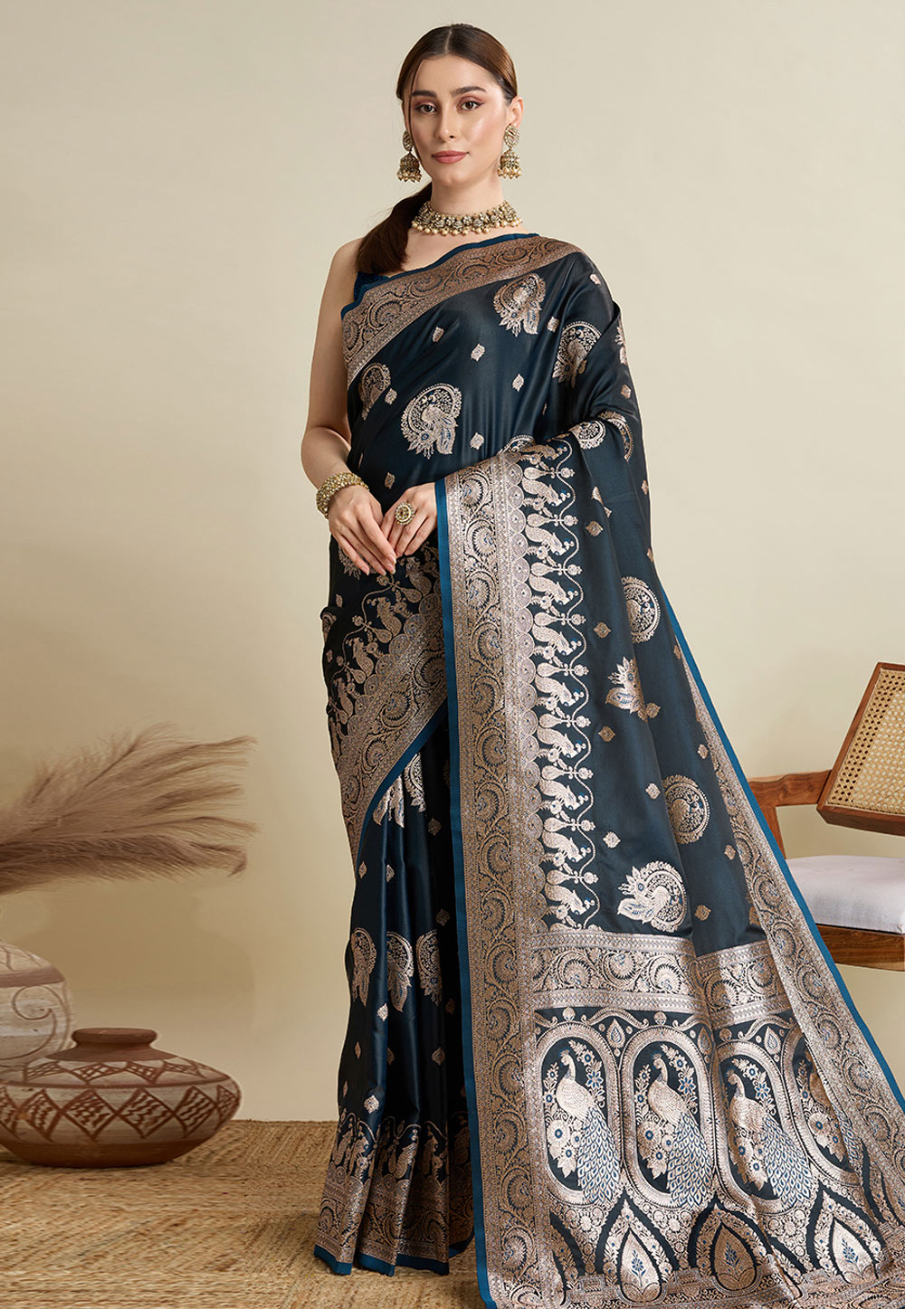 Blue Satin Silk Saree With Blouse 311605