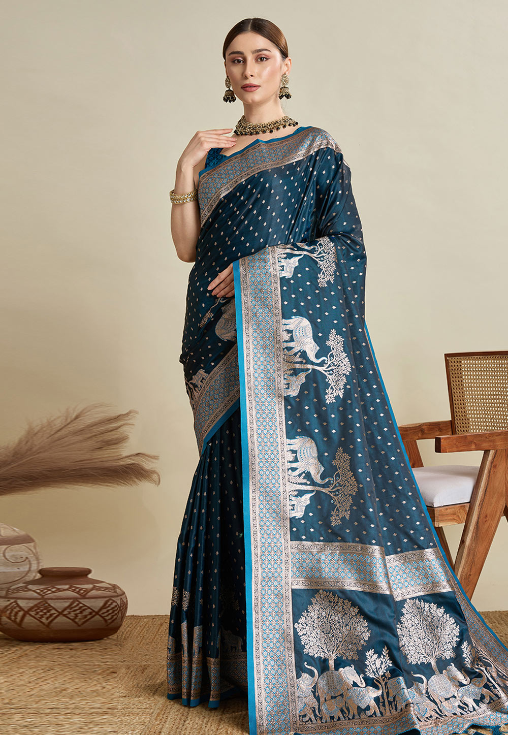 Blue Satin Silk Saree With Blouse 311800