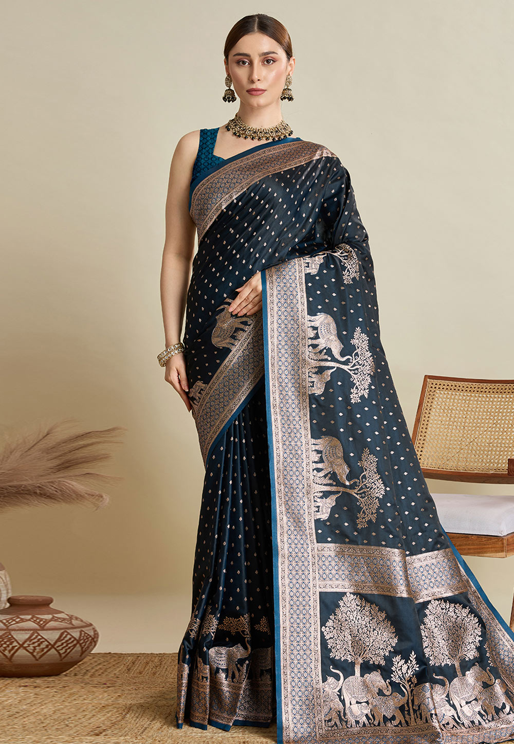 Blue Satin Silk Saree With Blouse 311803