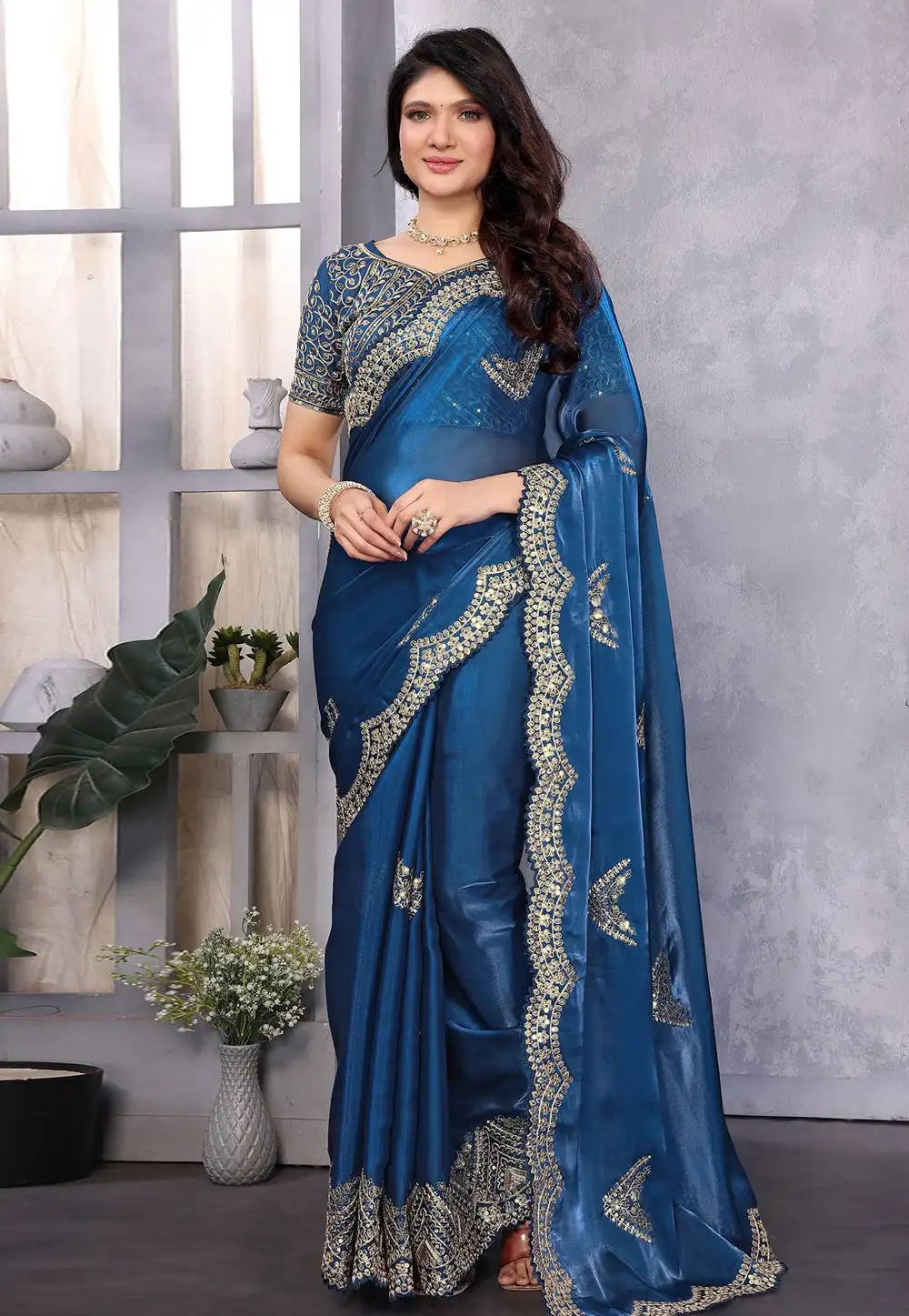 Blue Shimmer Chiffon Saree With Blouse 316146