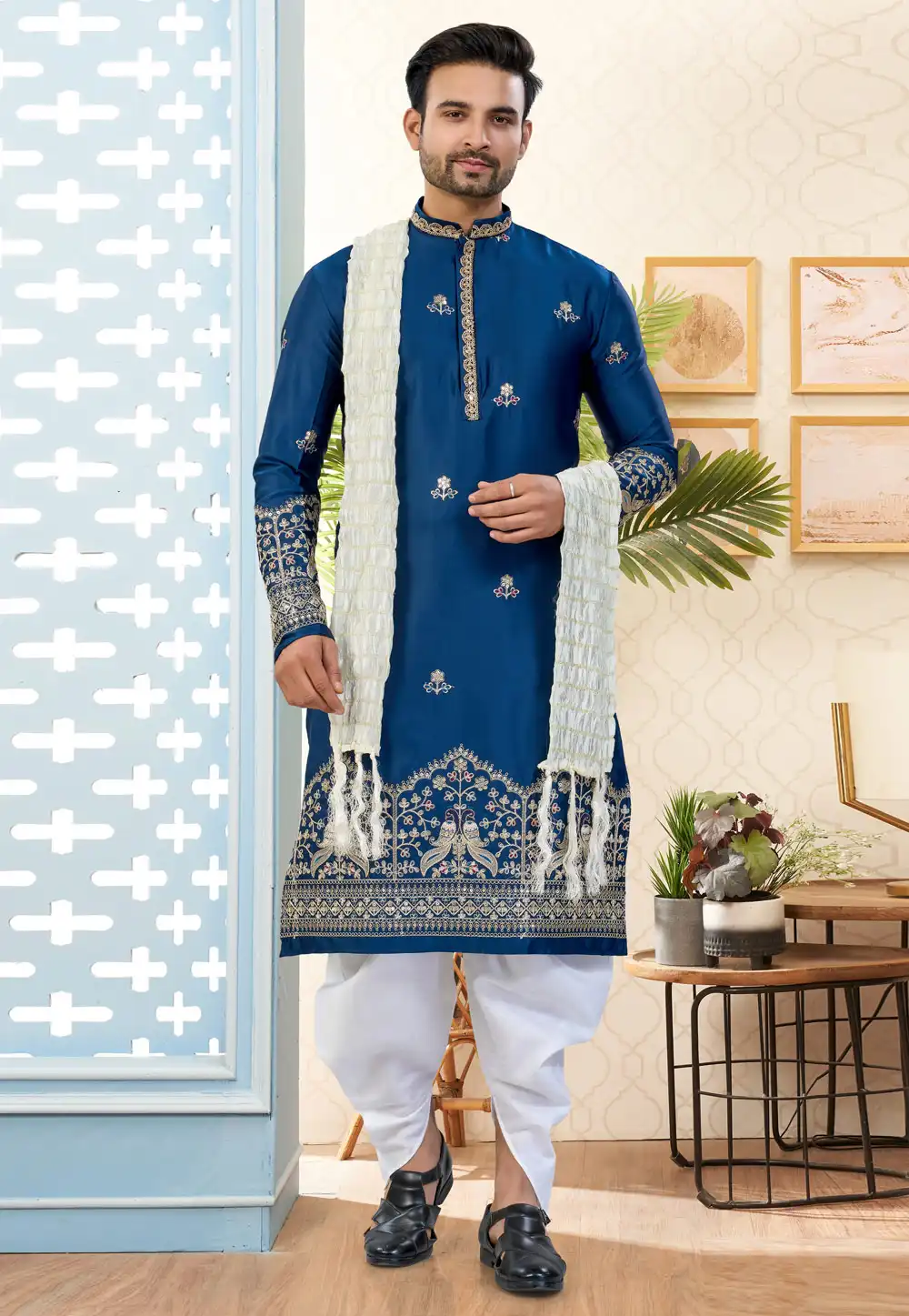 Blue Silk Dhoti Kurta 324601
