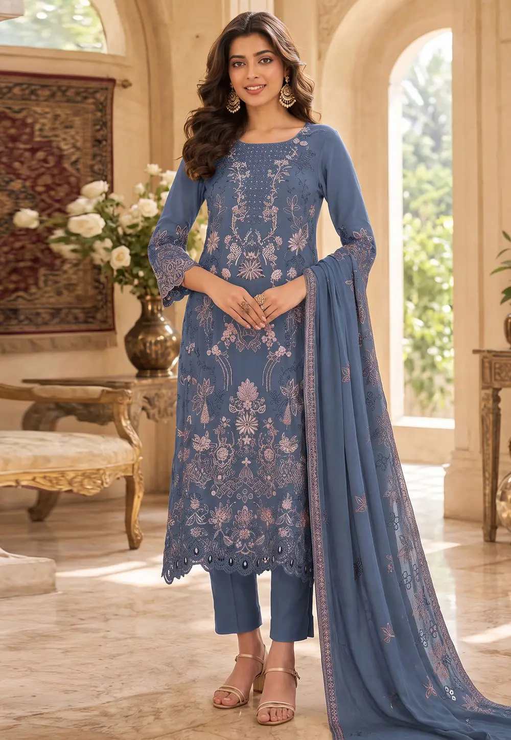Blue Silk Embroidered Straight Suit 332613