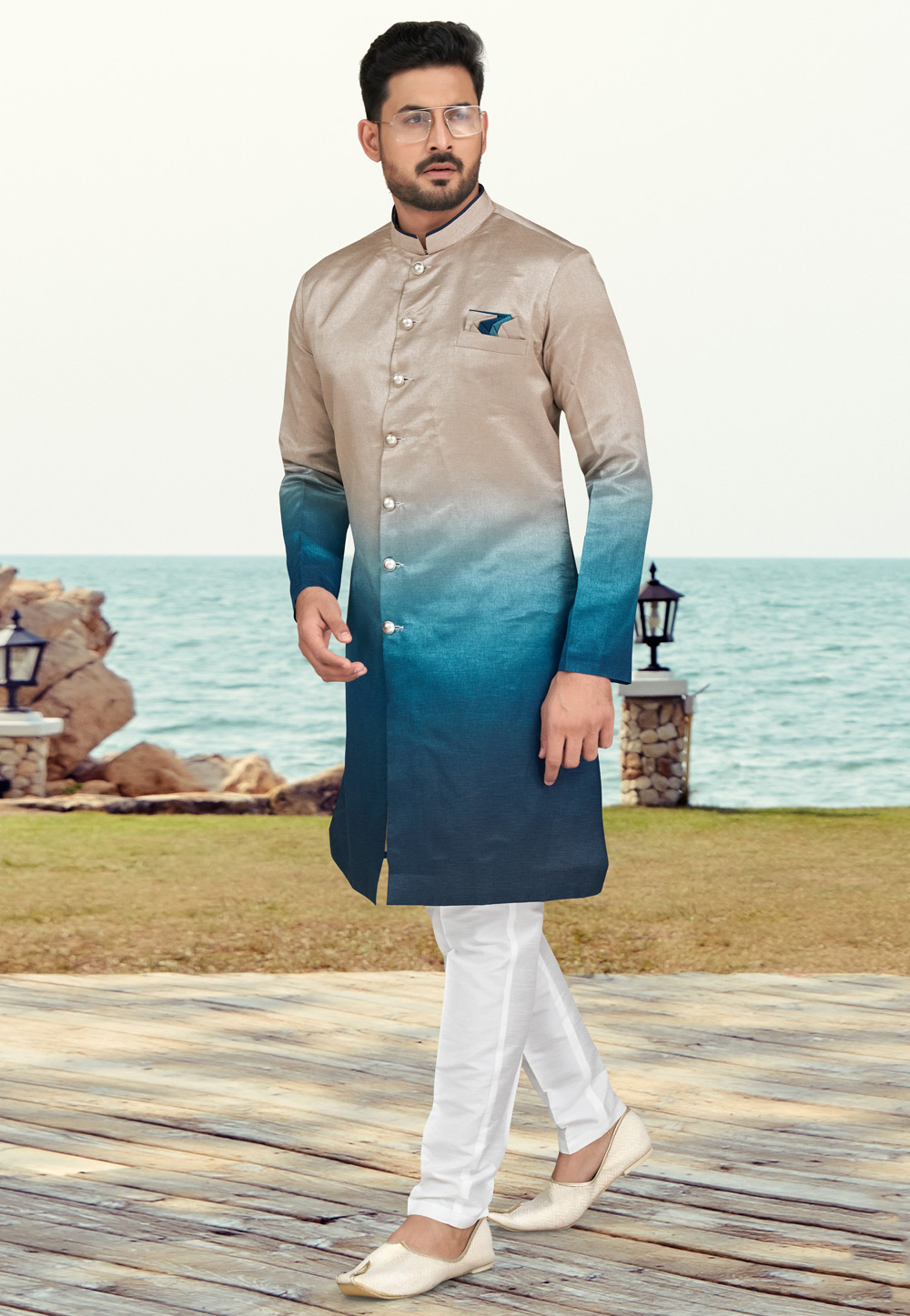Blue Silk Indo Western Suit 279729
