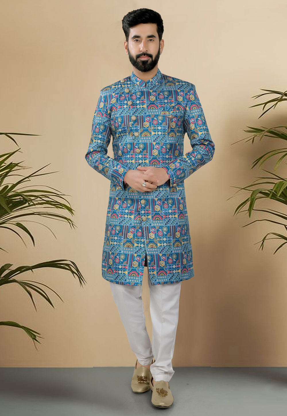 Blue Silk Indo Western Suit 313092