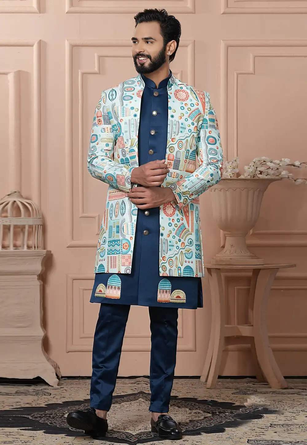 Blue Silk Jacket Style Sherwani 315062