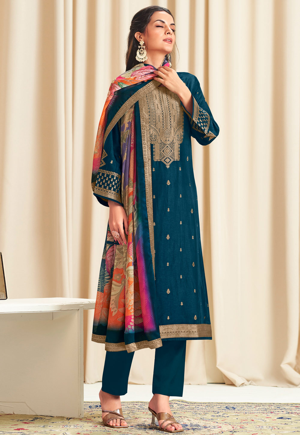 Blue Silk Jacquard Pakistani Suit 318238