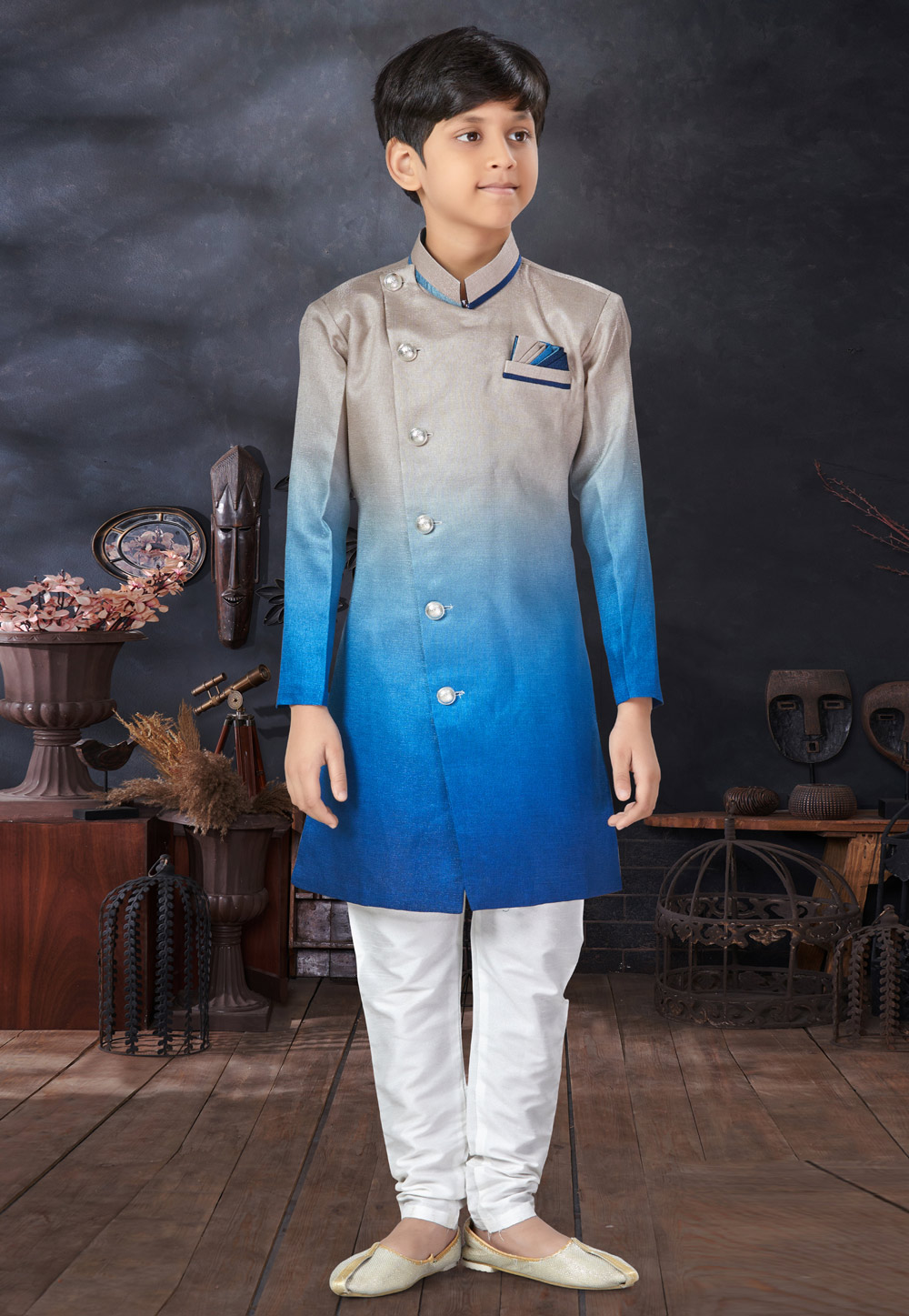 Blue Silk Kids Indo Western Sherwani 279095