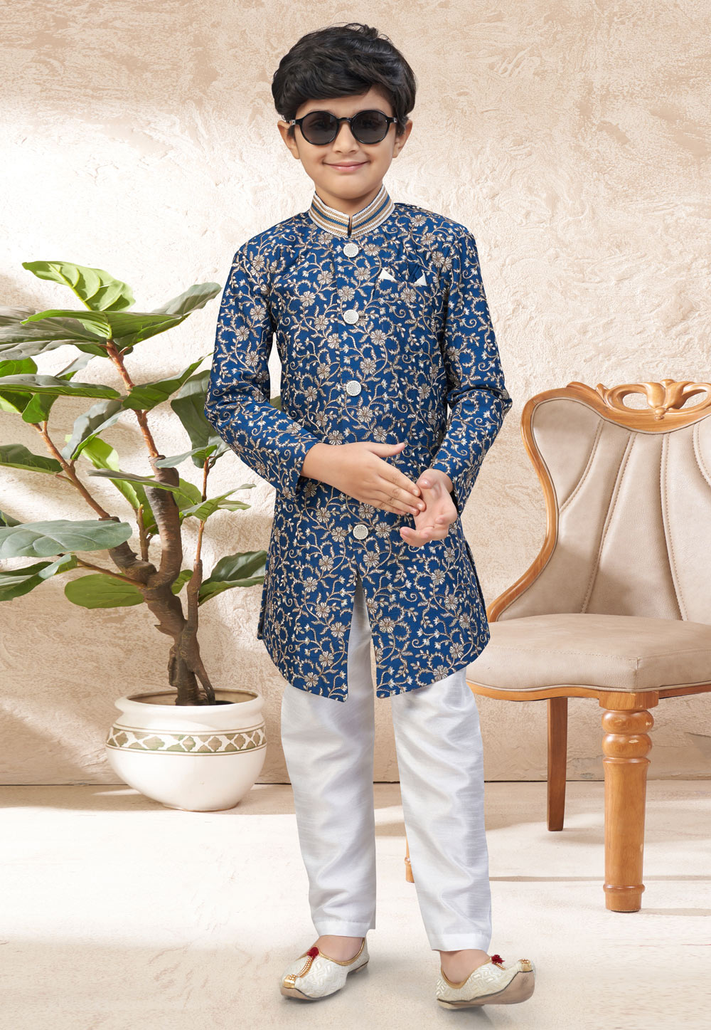 Blue Silk Kids Indo Western Suit 324277