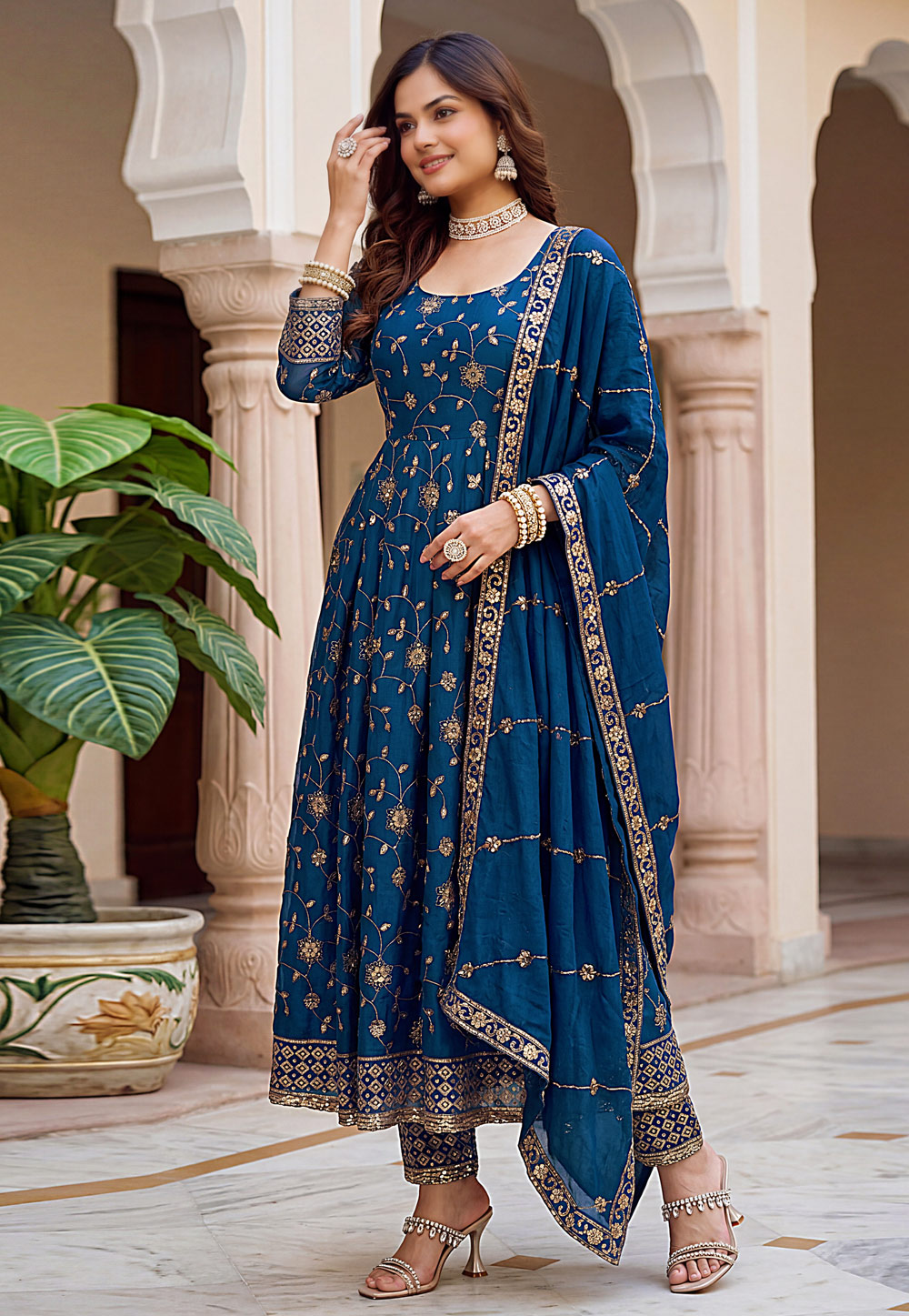 Blue Silk Readymade Anarkali Suit 328288