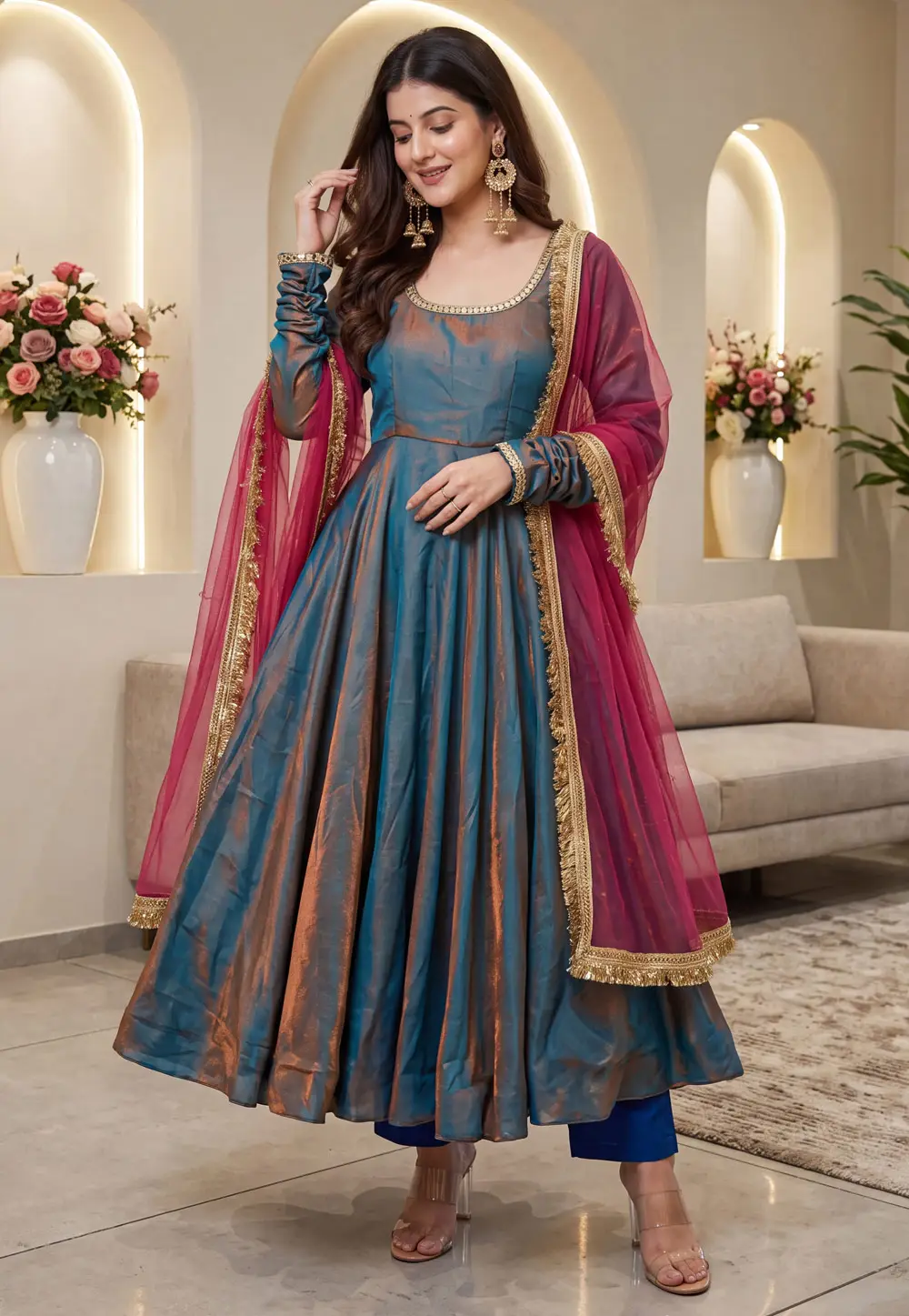 Blue Silk Readymade Anarkali Suit 333589