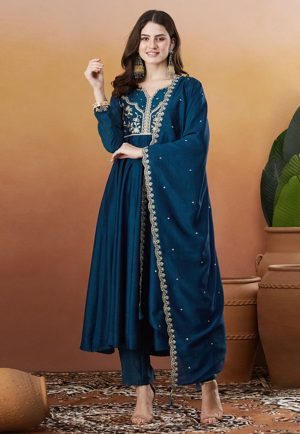 Blue Silk Readymade Anarkali Suit 320909
