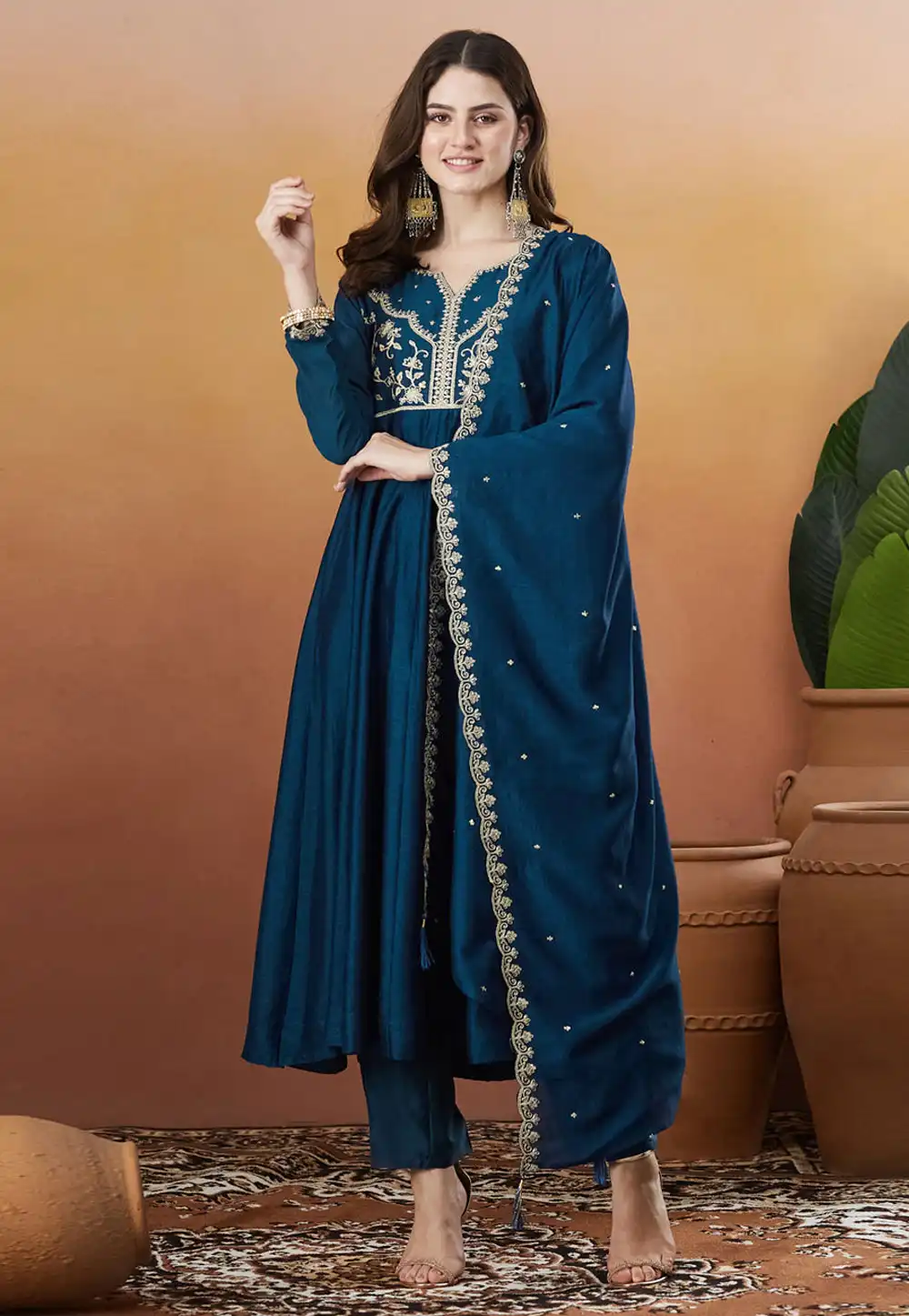 Blue Silk Readymade Anarkali Suit 320909