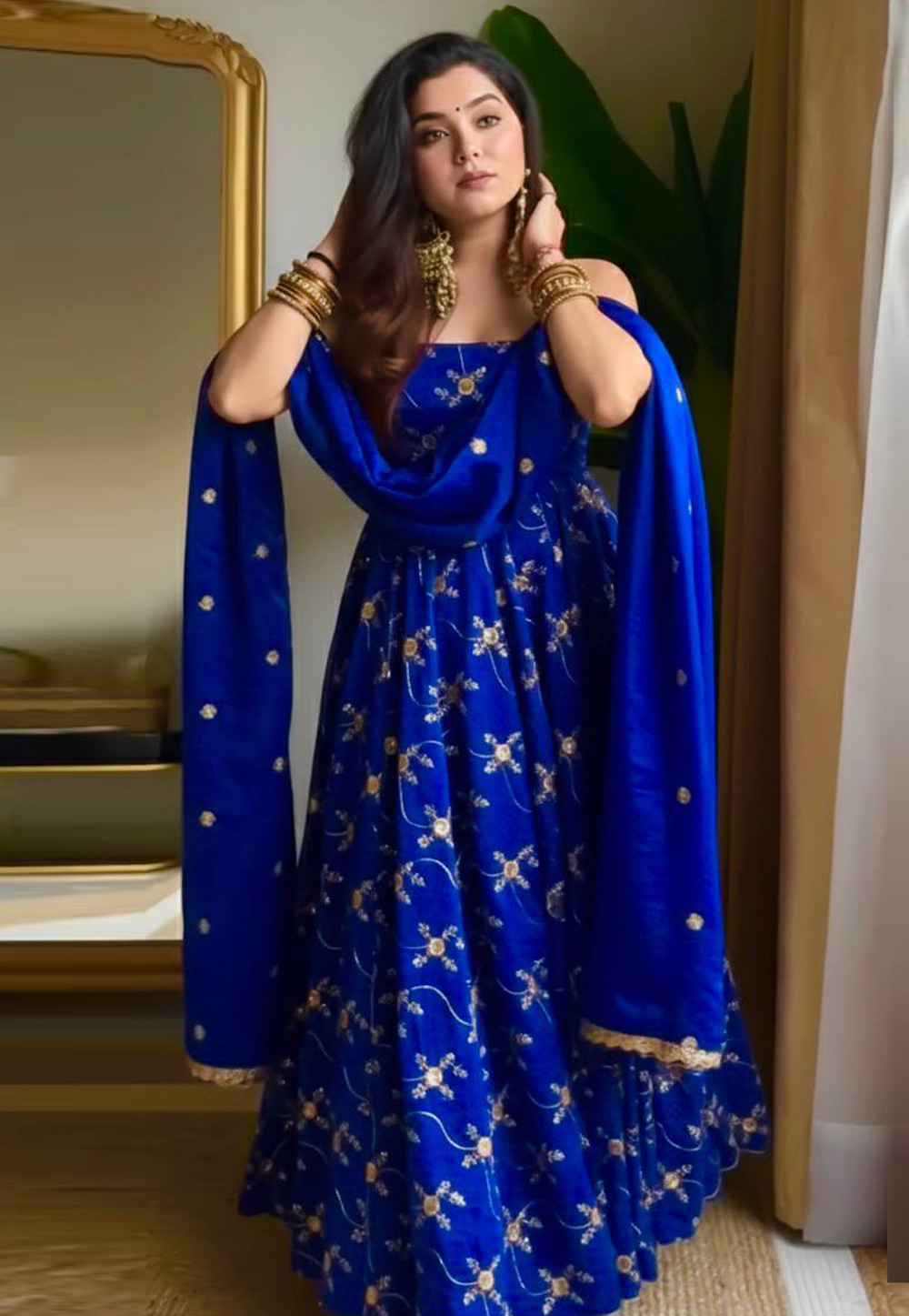 Blue Silk Readymade Long Anarkali Suit 321477