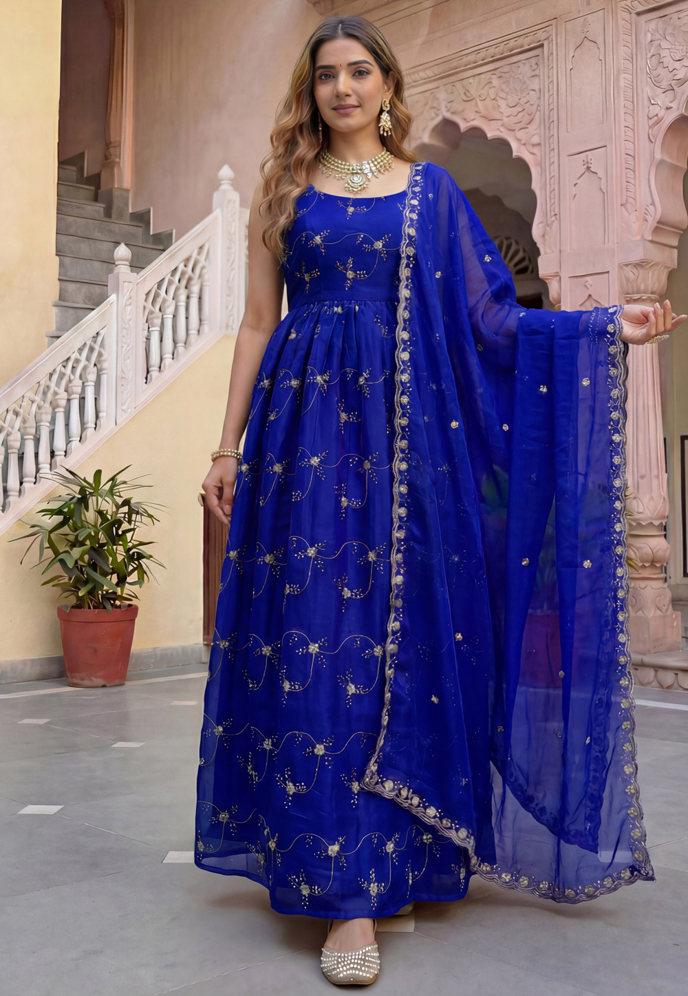 Blue Silk Readymade Long Anarkali Suit 322266