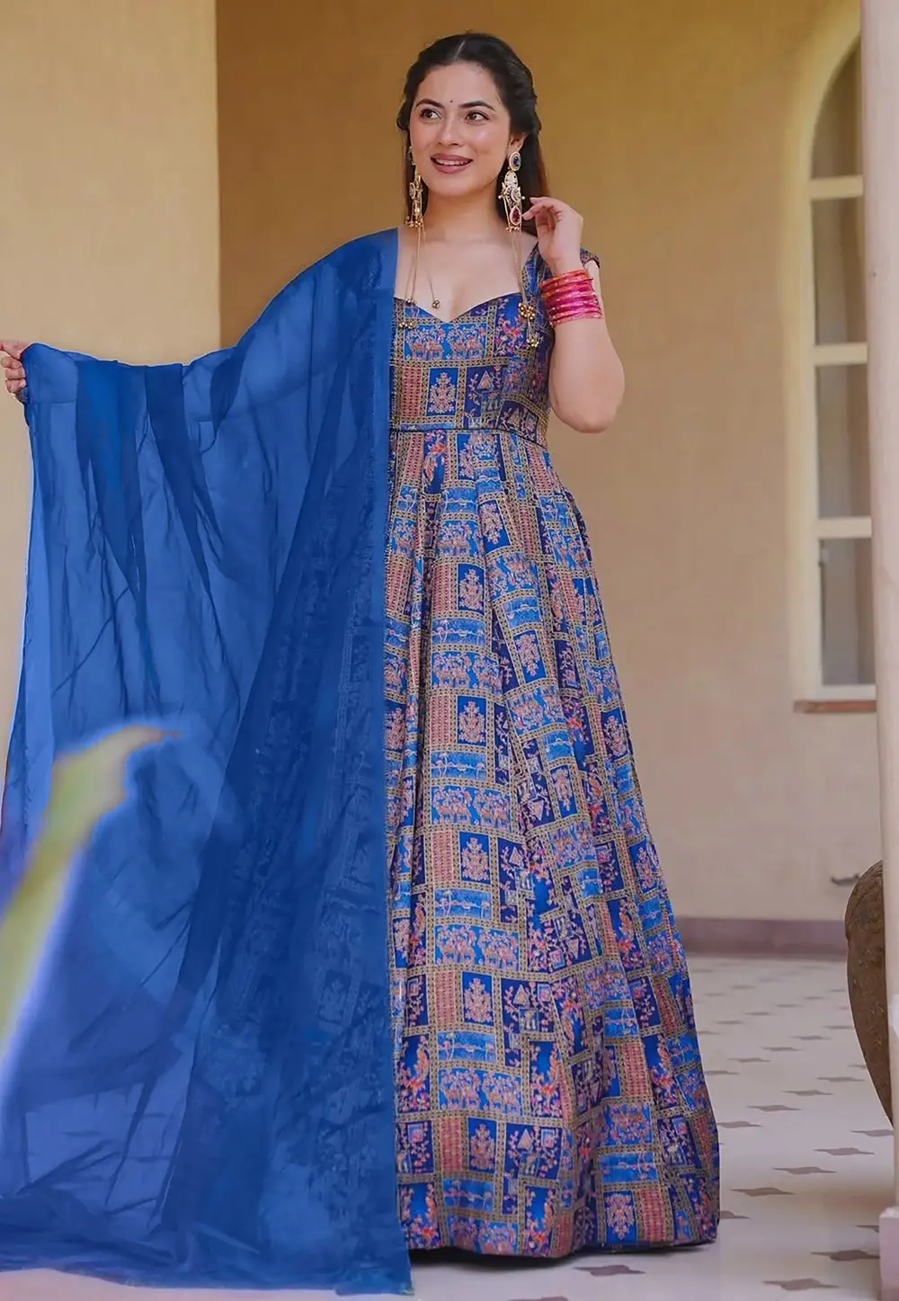 Blue Silk Readymade Long Anarkali Suit 332565