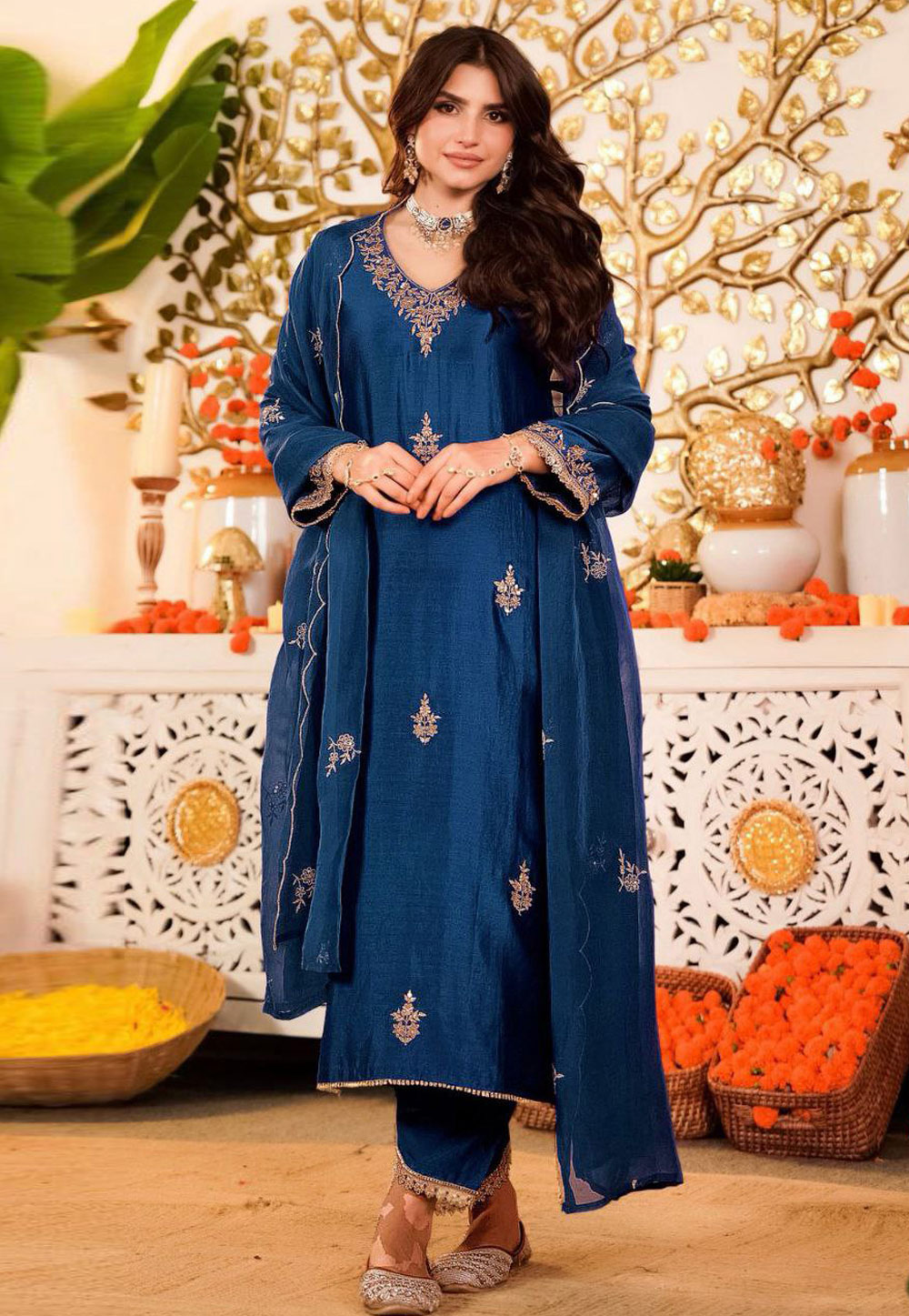 Blue Silk Readymade Pakistani Suit 321610