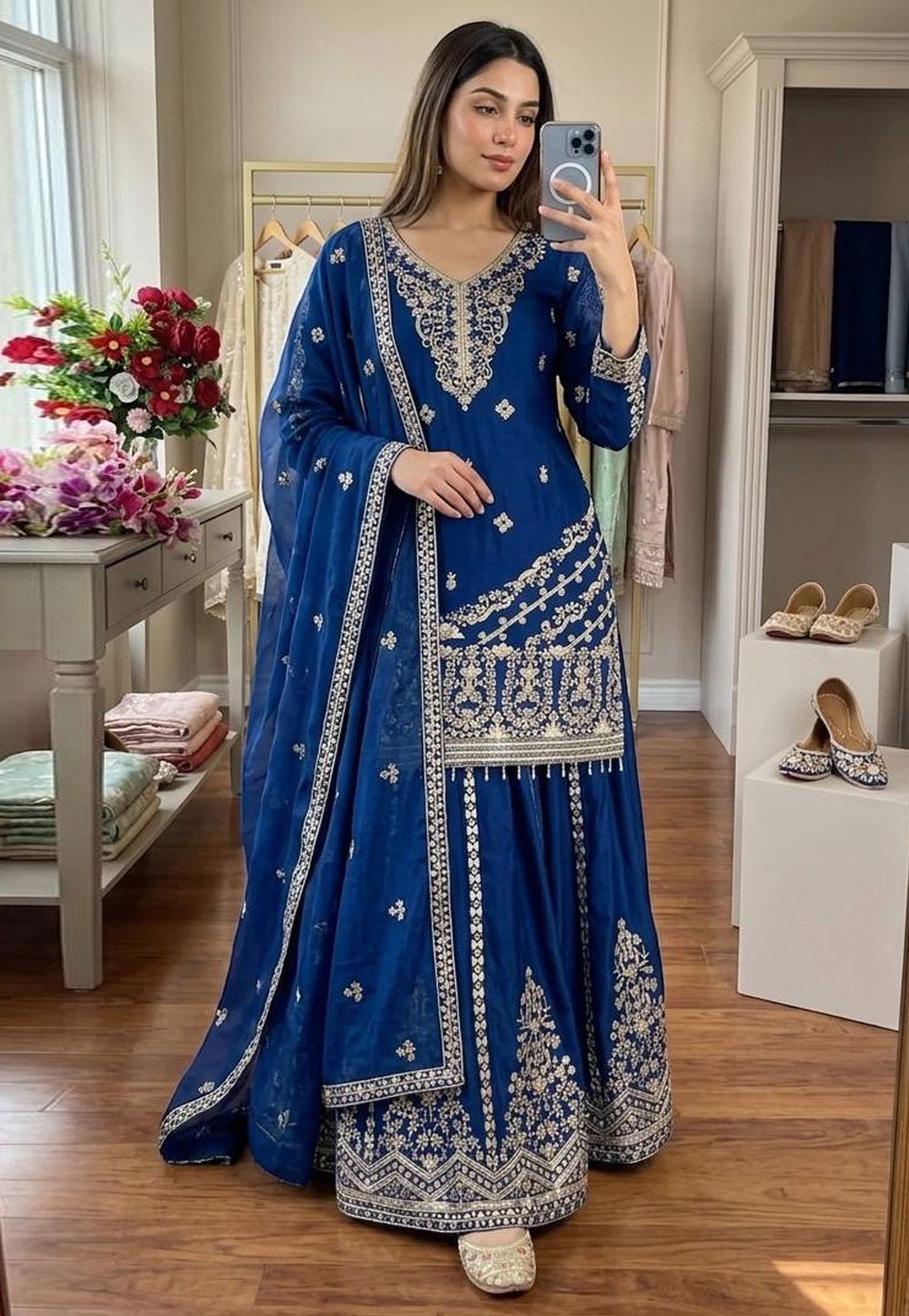 Blue Silk Readymade Pakistani Suit 327017