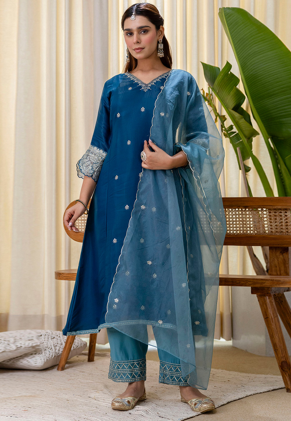 Blue Silk Readymade Pakistani Suit 328583