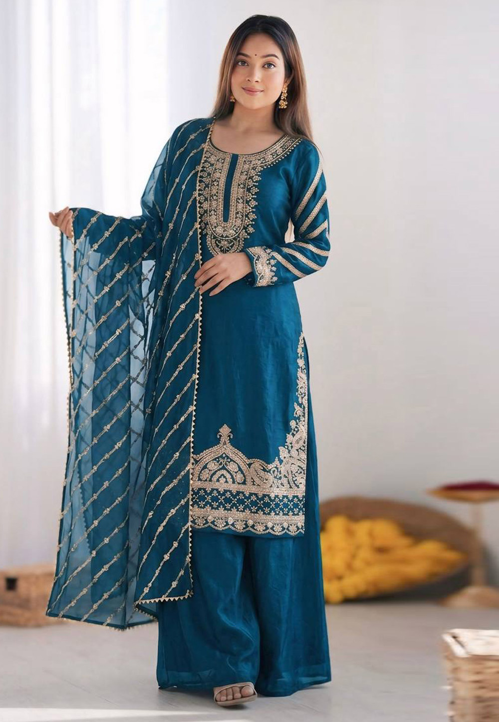 Blue Silk Readymade Pakistani Suit 329610