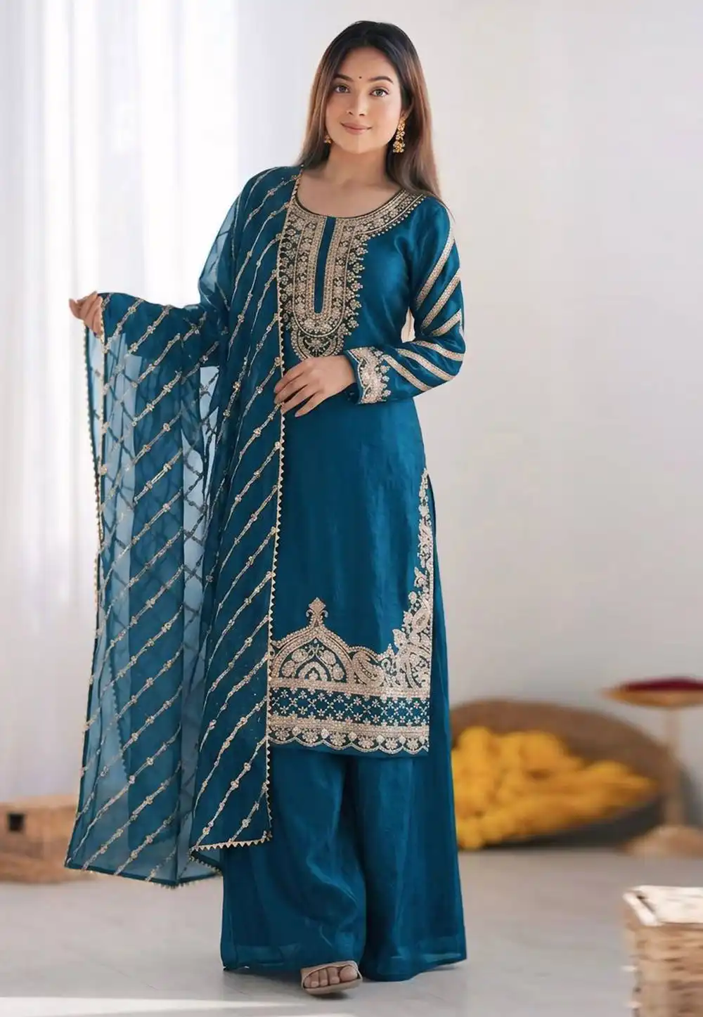 Blue Silk Readymade Pakistani Suit 329610
