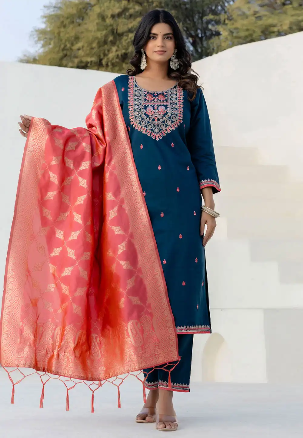 Blue Silk Readymade Pakistani Suit 325534