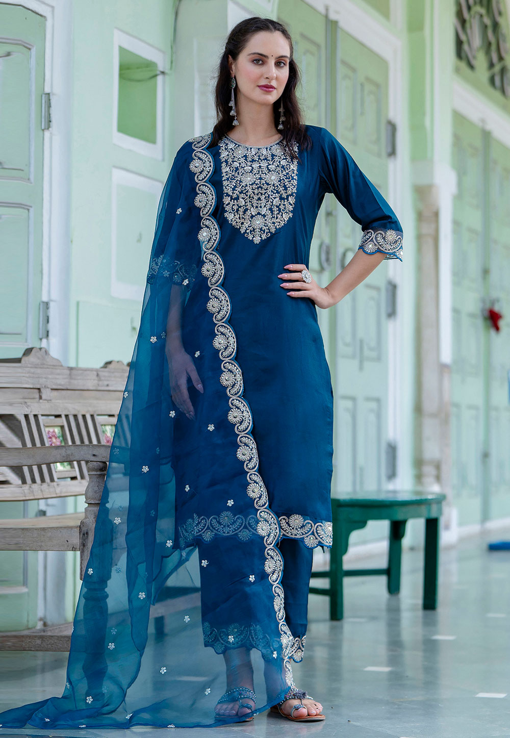 Blue Silk Readymade Pakistani Suit 329964
