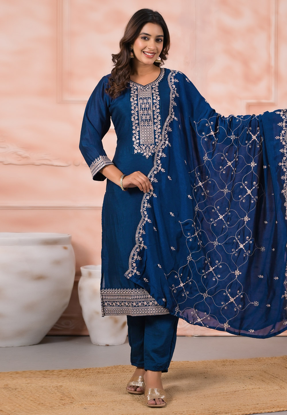 Blue Silk Readymade Pakistani Suit 312347