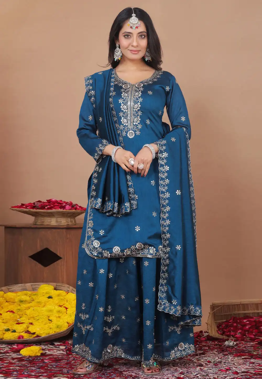 Blue Silk Readymade Palazzo Suit 326413