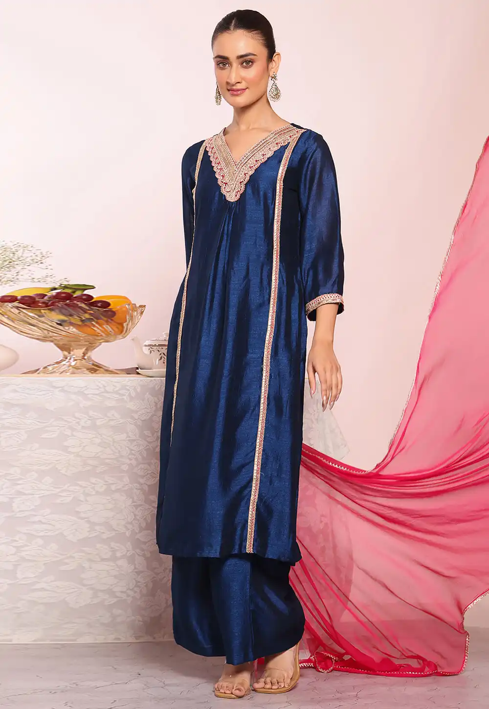Blue Silk Readymade Palazzo Suit 325518