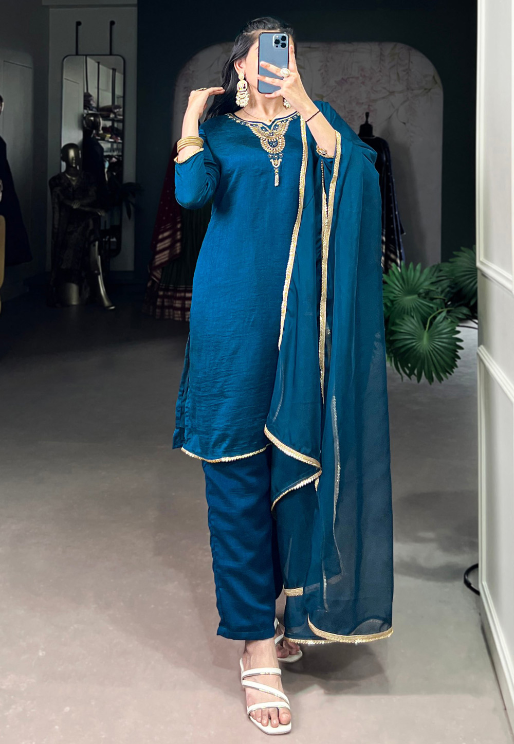 Blue Silk Readymade Pant Style Suit 310957