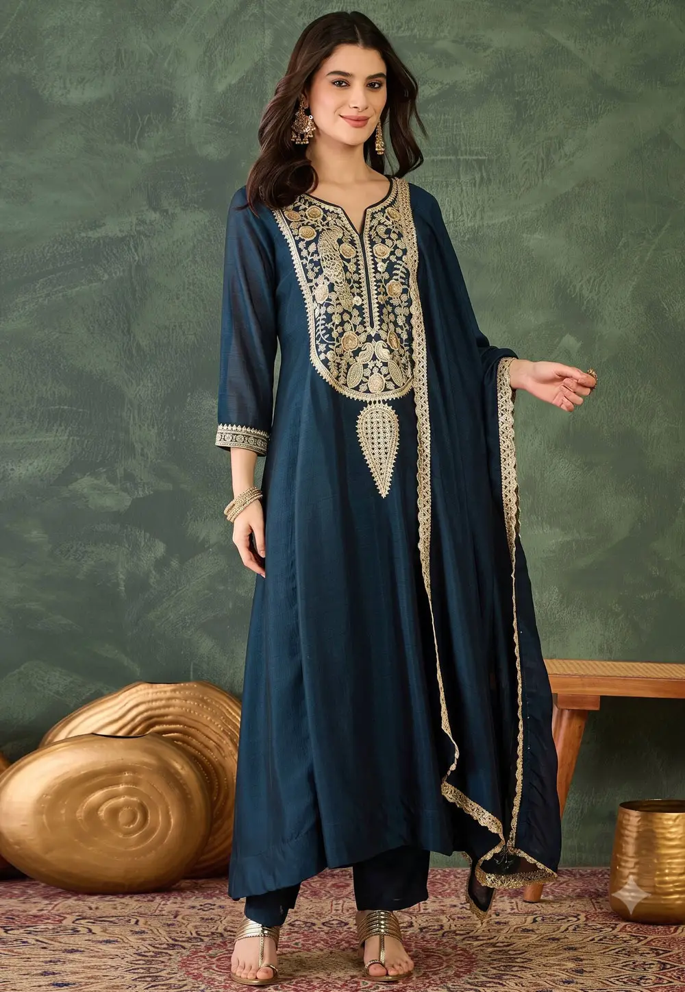 Blue Silk Readymade Pant Style Suit 333593