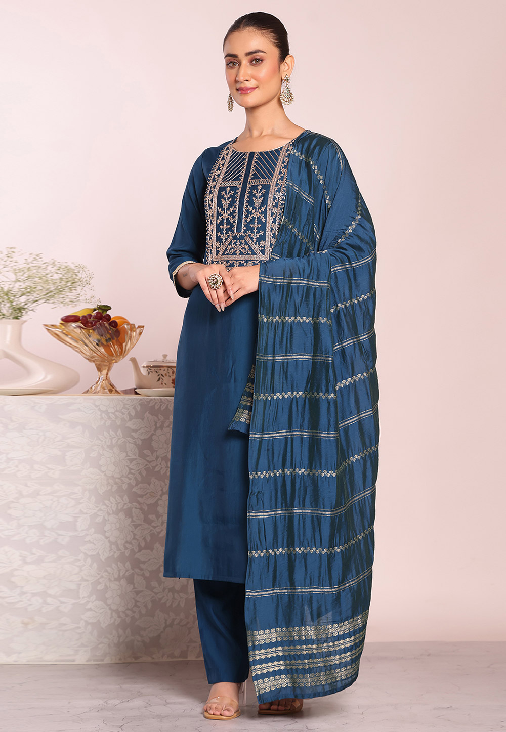 Blue Silk Readymade Pant Style Suit 325517