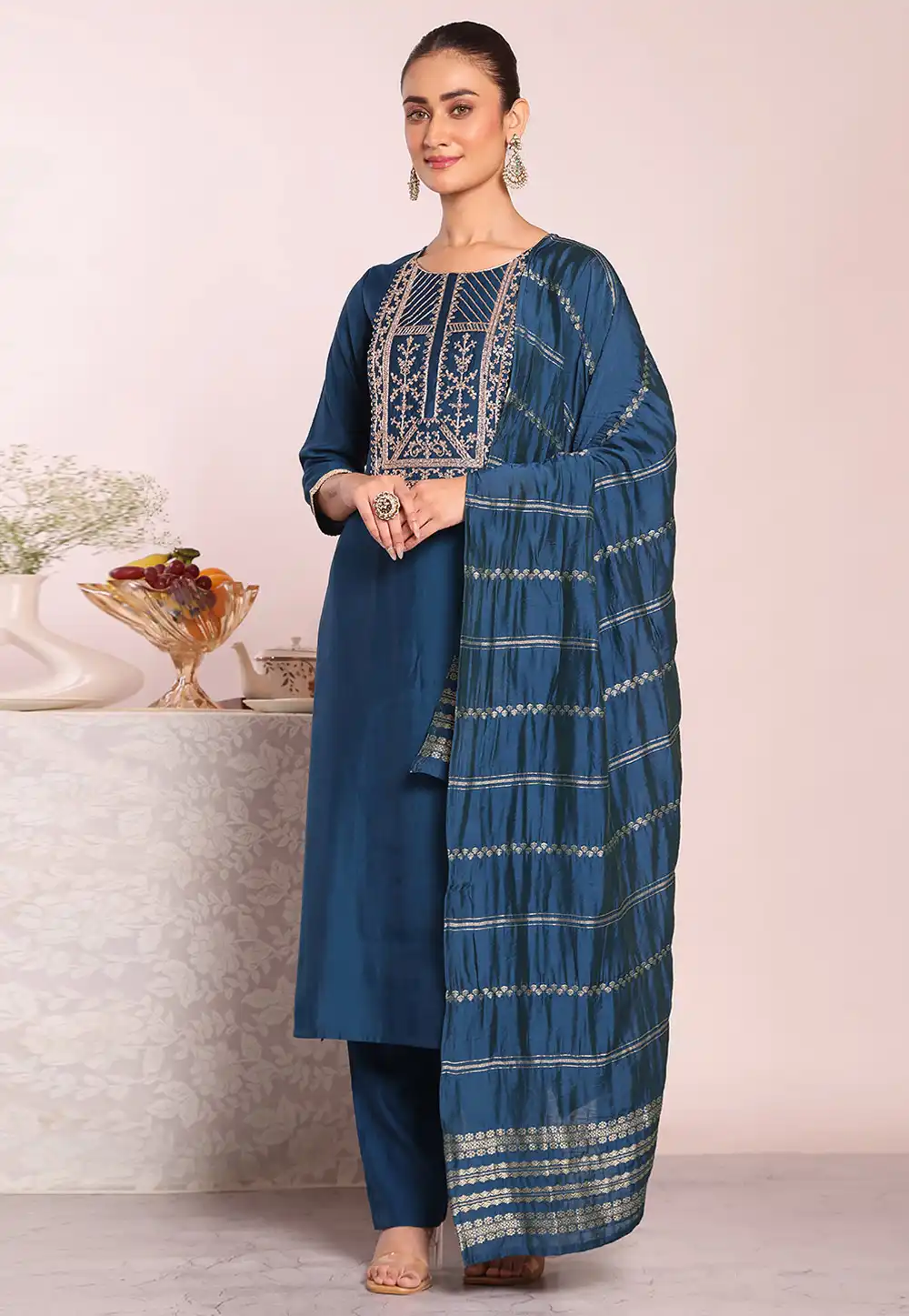 Blue Silk Readymade Pant Style Suit 325517