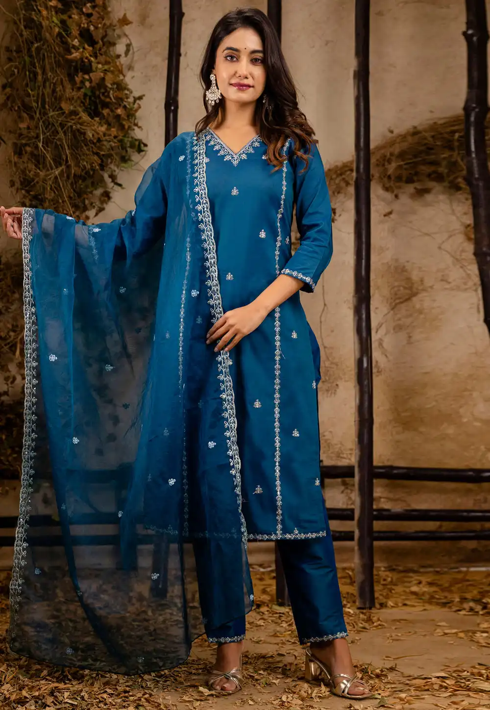 Blue Silk Readymade Pant Style Suit 329988