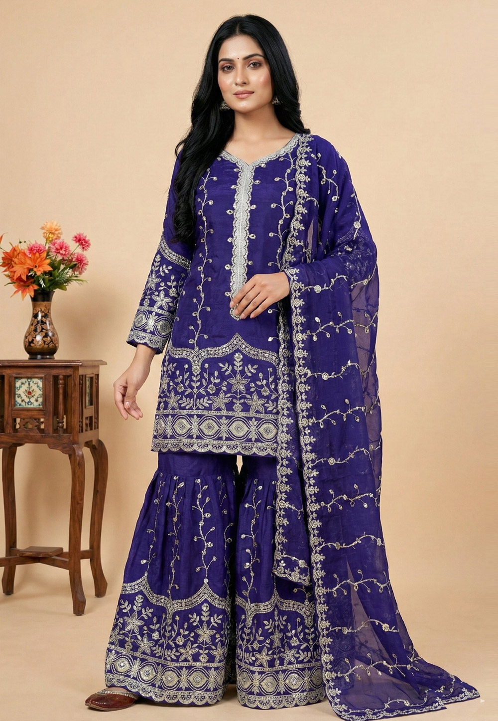Blue Silk Readymade Sharara Suit 324996