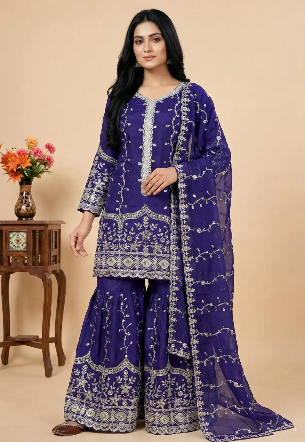 Blue Silk Readymade Sharara Suit 324996